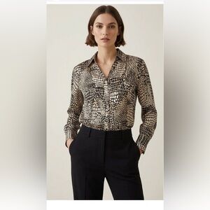 TALBOTS Petite Stretch 95% SILK LEOPARD Print Stretch Career Shirt Brown Sz 12